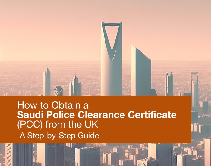 This image showcases a skyline view of Riyadh, Saudi Arabia, featuring the iconic Kingdom Tower under a soft, warm sky. The text overlay reads: "How to Obtain a Saudi Police Clearance Certificate (PCC) from the UK: A Step-by-Step Guide." The image is likely used for a guide or informational content about the process of obtaining a PCC from Saudi Arabia while residing in the UK. The combination of the Riyadh cityscape and the clear text aims to attract readers interested in Saudi legal or documentation processes.