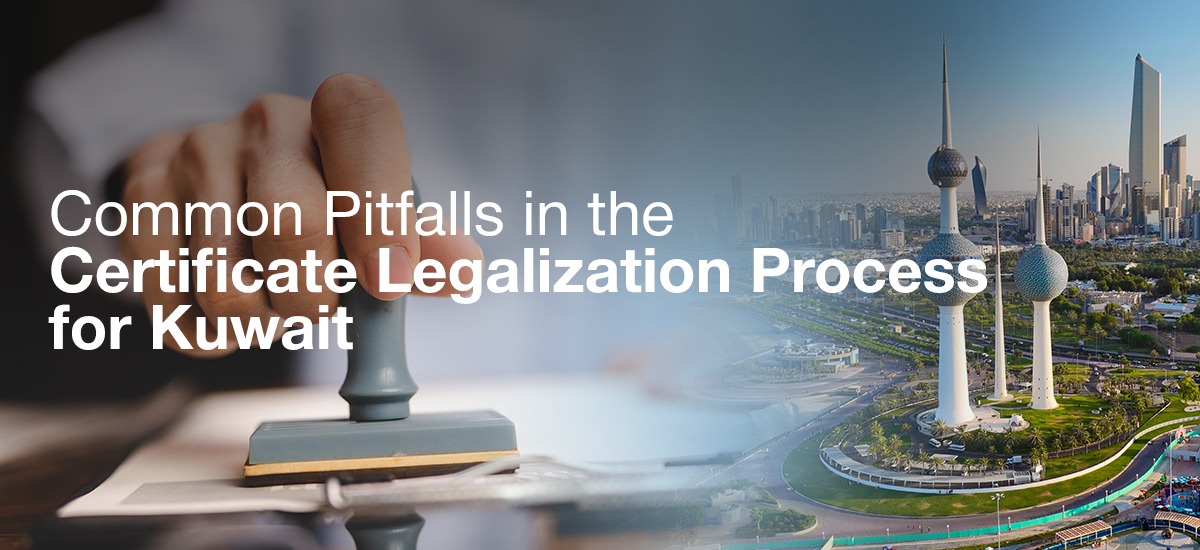 Certificate legalization process in Kuwait: Avoid common pitfalls. Image shows a hand stamping a document, symbolizing the legalization process, with Kuwait City's skyline and Kuwait Towers in the background.