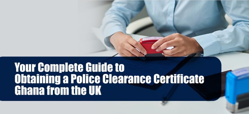 Image of a professional workspace featuring a person using a red stamp on a document, emphasizing the process of obtaining a Police Clearance Certificate from Ghana while residing in the UK. The guide highlights essential steps for expatriates, ensuring clarity and accuracy in meeting legal requirements.