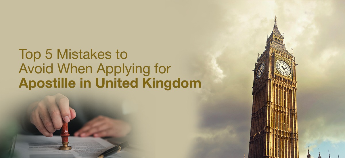 Top 5 Mistakes to Avoid When Applying for Apostille in United Kingdom - Image featuring a person stamping documents with a wax seal and the iconic Big Ben clock tower in London under a cloudy sky.