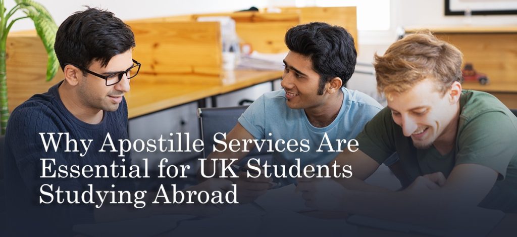 Three students studying together in a casual setting, representing the importance of apostille services for UK students preparing to study abroad.