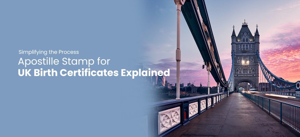 Tower Bridge at dawn, with text overlay reading 'Simplifying the Process: Apostille Stamp for UK Birth Certificates Explained'. Learn about the steps and requirements for obtaining an apostille stamp for UK birth certificates. Ideal for SEO optimization for topics related to apostille services, UK birth certificates, and document legalization.