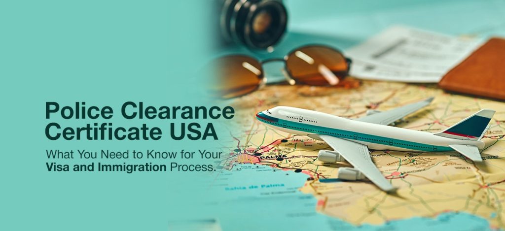 Travel essentials including a map, airplane model, sunglasses, and documents, representing the journey of securing a U.S. police clearance certificate for immigration.