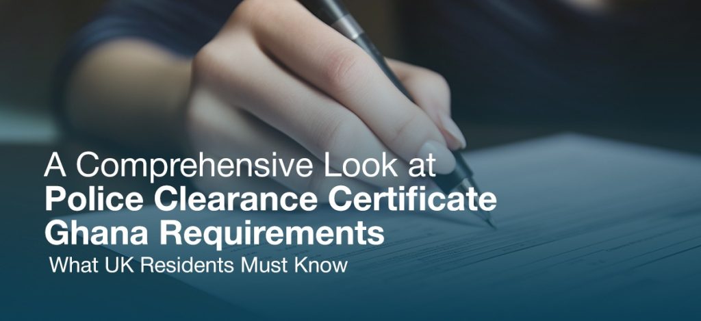 Person filling out a form with a pen, illustrating a comprehensive guide on Police Clearance Certificate requirements for Ghana, tailored for UK residents.