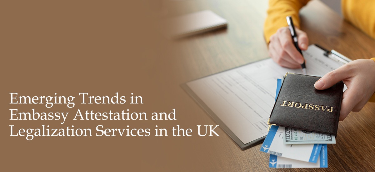 Person holding a passport and completing paperwork, symbolizing emerging trends in embassy attestation and legalization services in the UK.