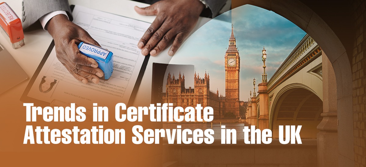 Business professional stamping documents for approval, overlaid with an iconic view of Big Ben, symbolizing UK certificate attestation services.