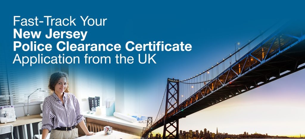 Illustration showcasing the process to fast-track a New Jersey Police Clearance Certificate application from the UK, featuring a confident individual working in an office and a scenic view of a bridge at sunset, symbolizing international connections.