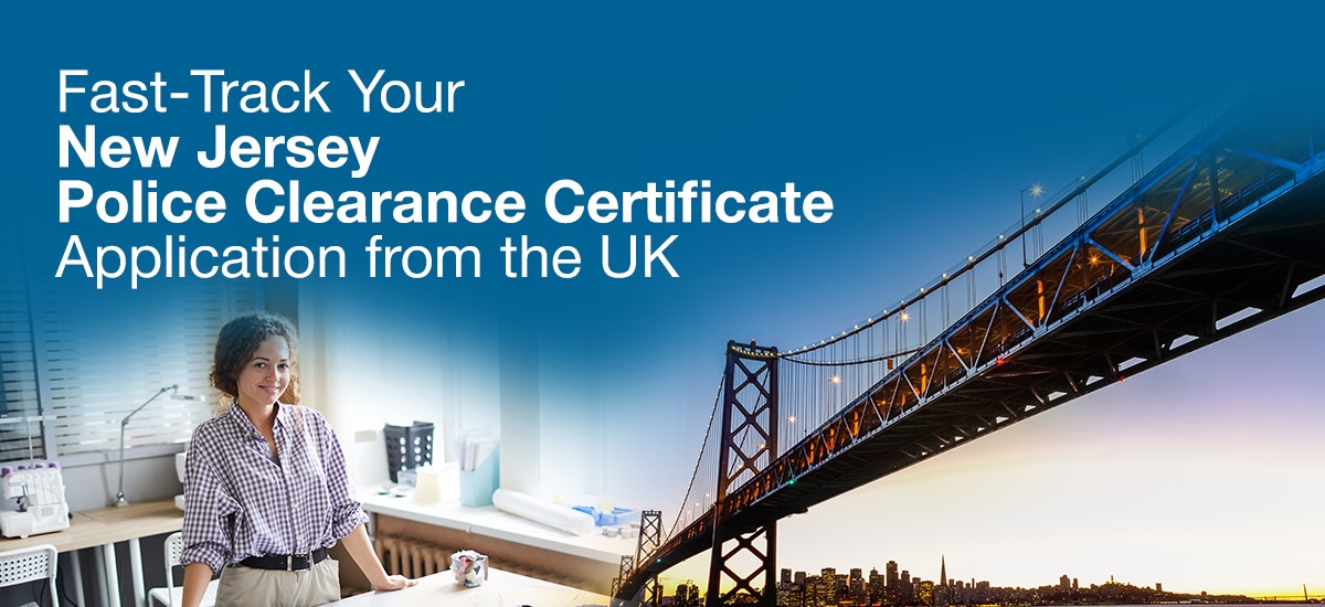 Illustration showcasing the process to fast-track a New Jersey Police Clearance Certificate application from the UK, featuring a confident individual working in an office and a scenic view of a bridge at sunset, symbolizing international connections.