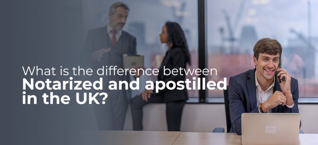 Professional conversation between a man and a woman about notarized and apostilled documents.