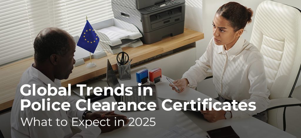 A professional woman discussing police clearance certificate requirements with a client in an office, highlighting global trends for 2025.