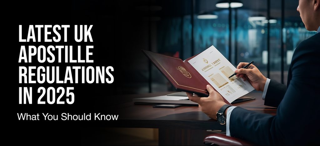 Business professional reviewing UK apostille document with updated 2025 regulations — informational graphic about latest UK apostille laws.