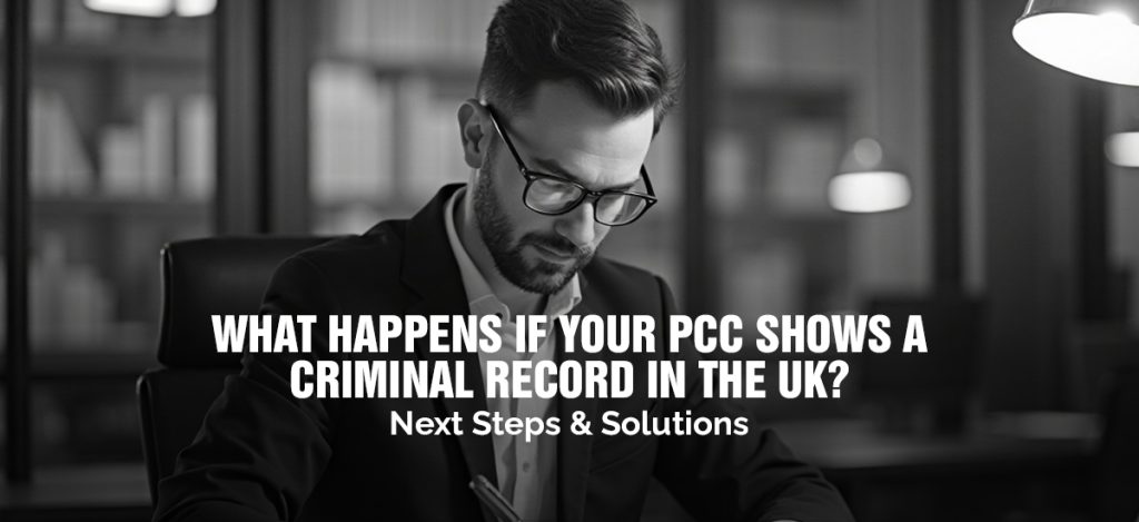 Man reviewing documents in a formal office setting with the text 'What happens if your PCC shows a criminal record in the UK?